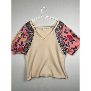 C+D+M Collection Mixed Media Top Floral Leopard Waffle Knit V-Neck Cream Pink L